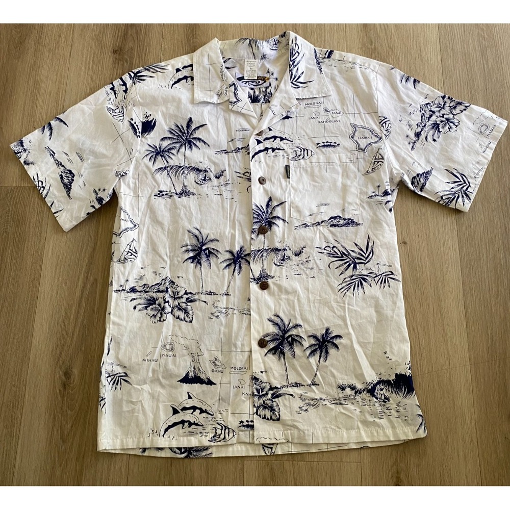 Palmwave Mens Hawaiian Shirt Cream Navy Scenic Palm Trees Sailboats Aloha S